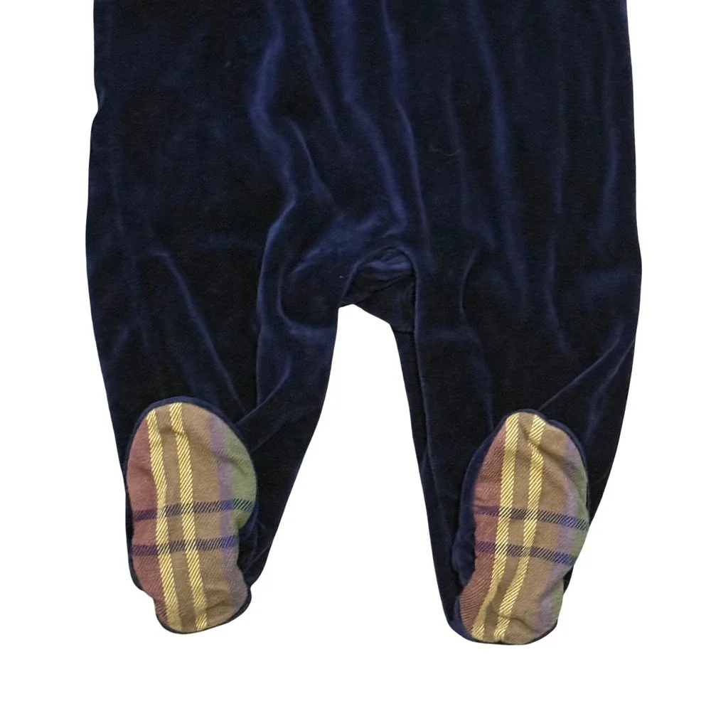 Ralph Lauren Baby Boys Navy Blue Velour Footed Sleeper Plaid Trim 6M